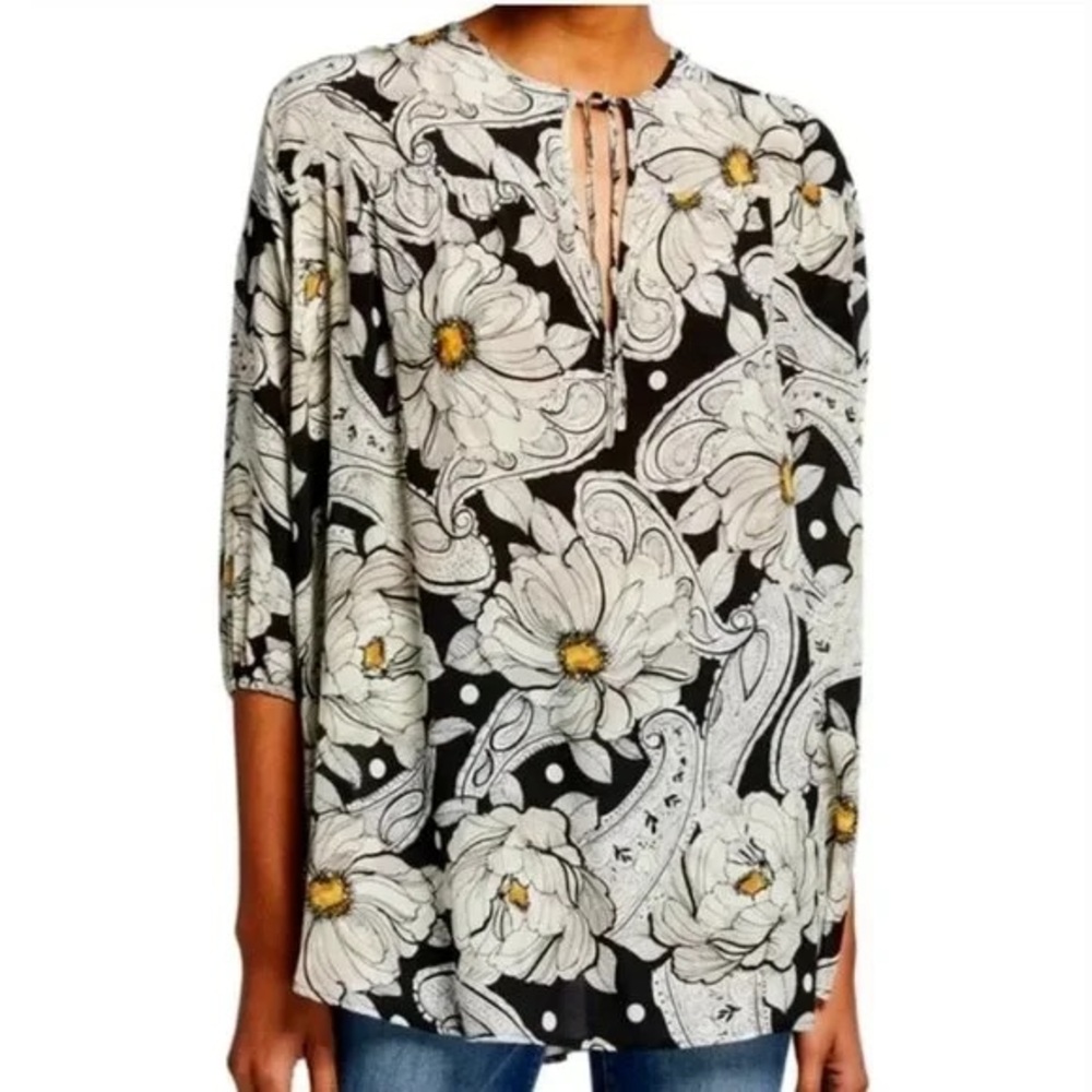Johnny Was Black and White Floral Blouse